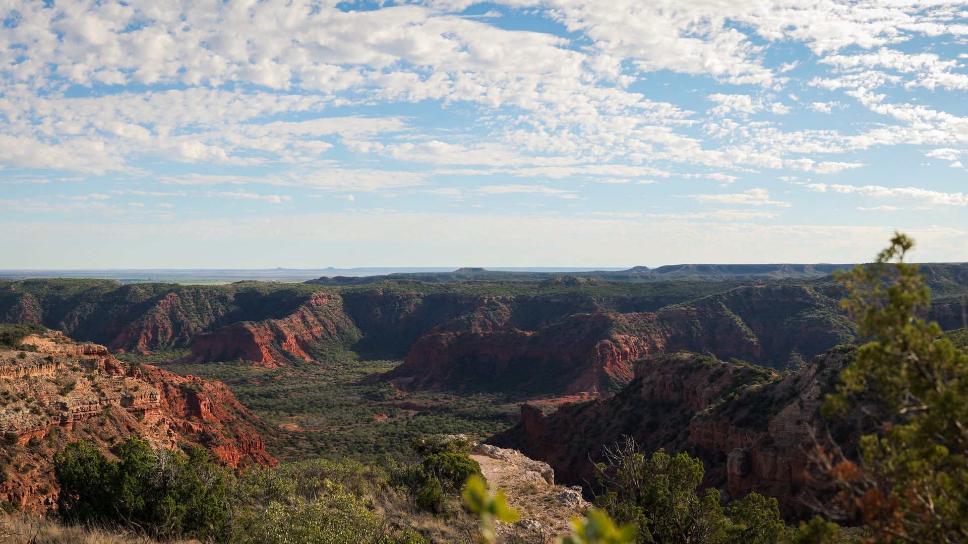 Vista panorámica de los cañones rojos de Caprock Canyons bajo un cielo con nubes finas.